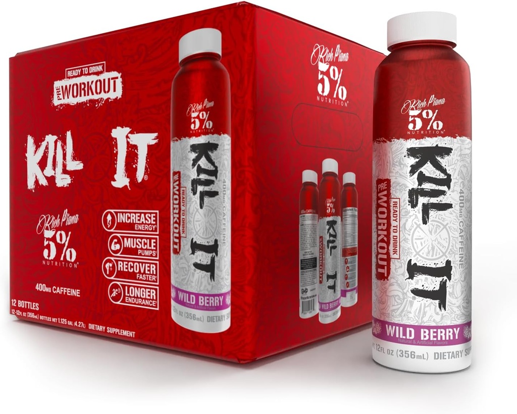 5 Beslenme Kill It Ready-to-Drink High Stim Pre Workout | 400 mg Caffeine Energy Drink | Extreme Pump, Endurance, Focus & Hydration | Citrulline, Beta Alanine, Taurine | 12 Pack (Wild Berry)