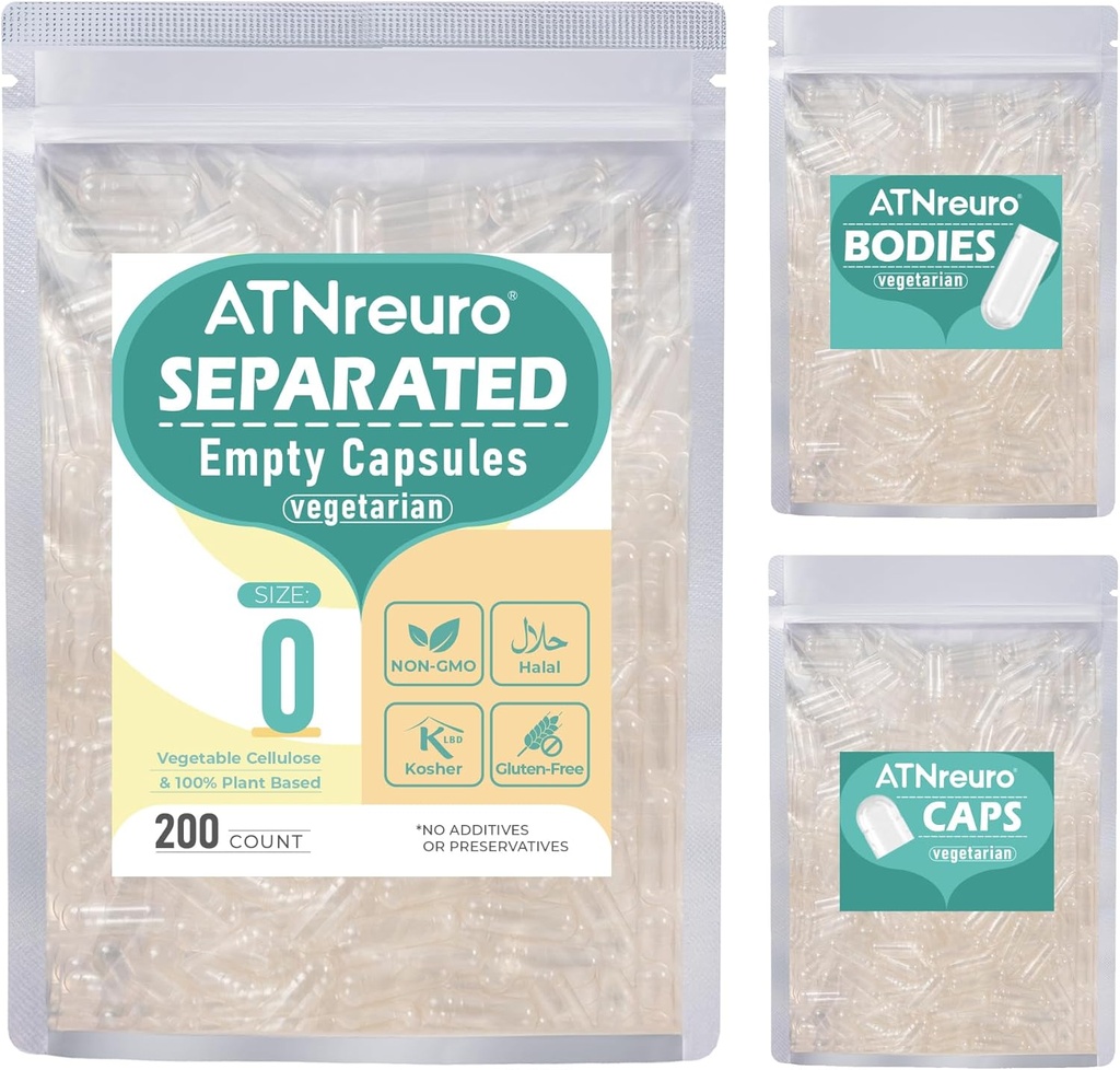 Vegan Separated Empty Capsules Size 0 (200 Count), HPMC Pill Capsules Empty for DIY Supplement Filling