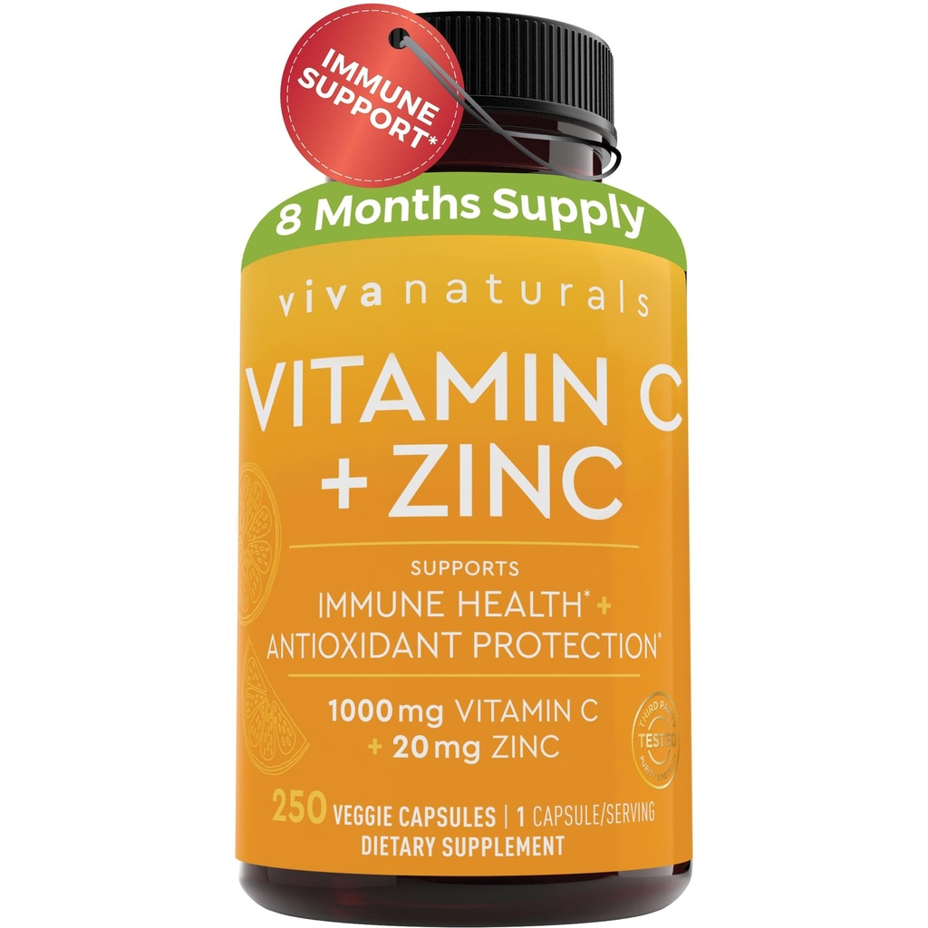 Viva Naturals Vitamin C ve çinko Supplement (250 Capsules) - Immune Support için Çinko 20 mg Antioksi Supplements ile 1000 mg Vitamin C, Yetişkinler için Vitamini