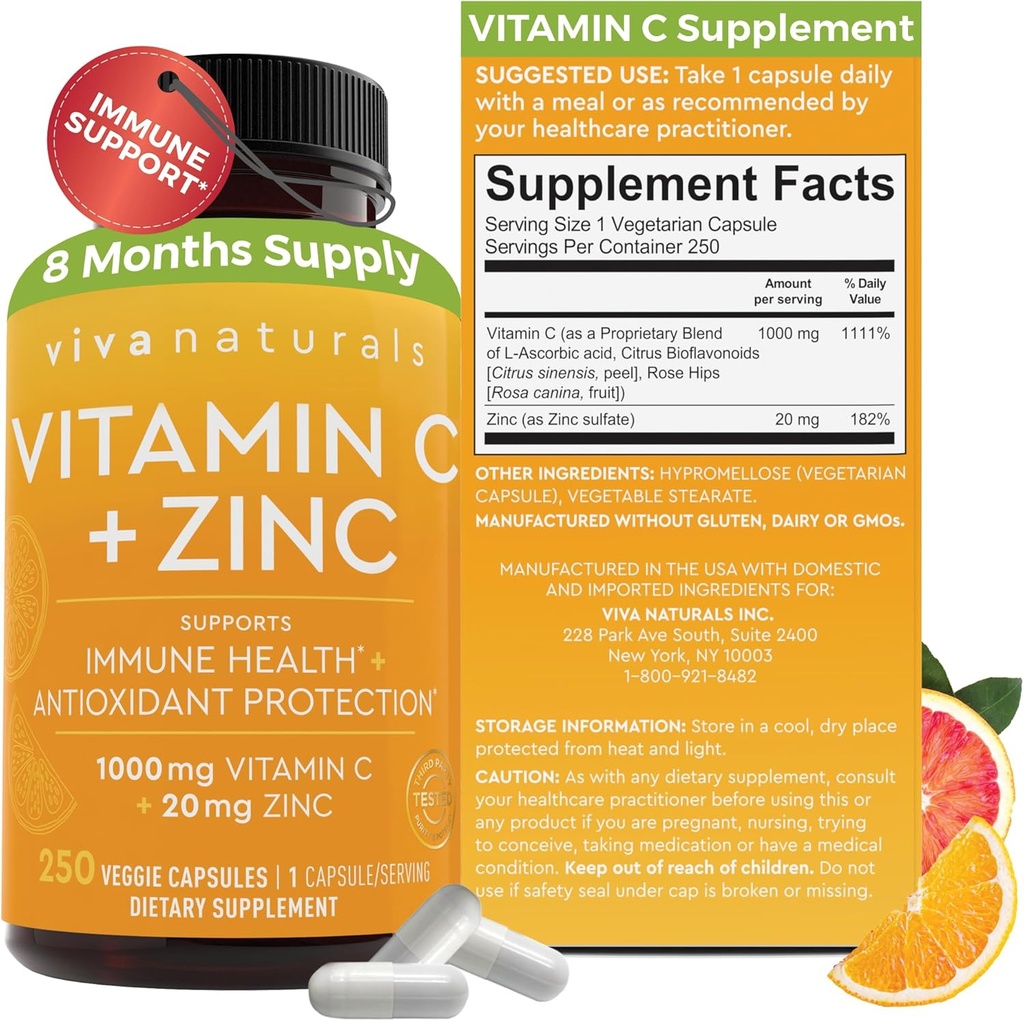Viva Naturals Vitamin C ve çinko Supplement (250 Capsules) - Immune Support için Çinko 20 mg Antioksi Supplements ile 1000 mg Vitamin C, Yetişkinler için Vitamini