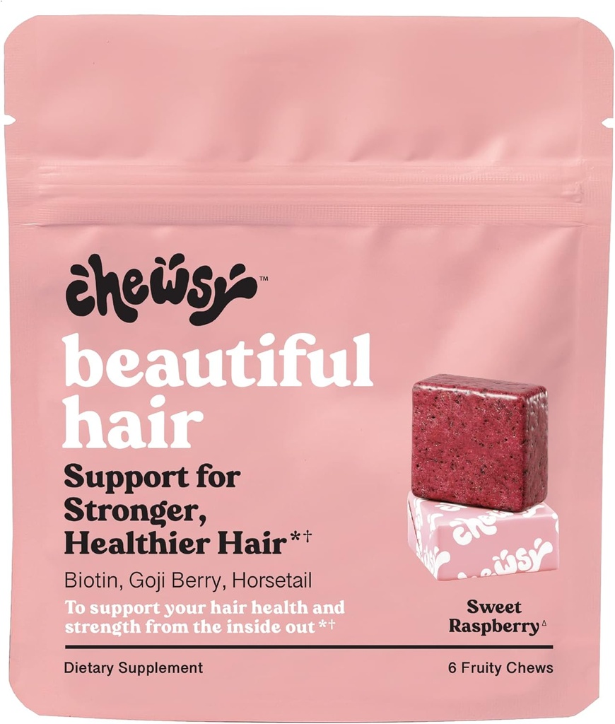 Chewsy - Güzel Saç Chews - Güçlü, Sağlık Saçları, Biotin, Vitaminler C, A, B12, D3, Goji Berry - 6Day Supply