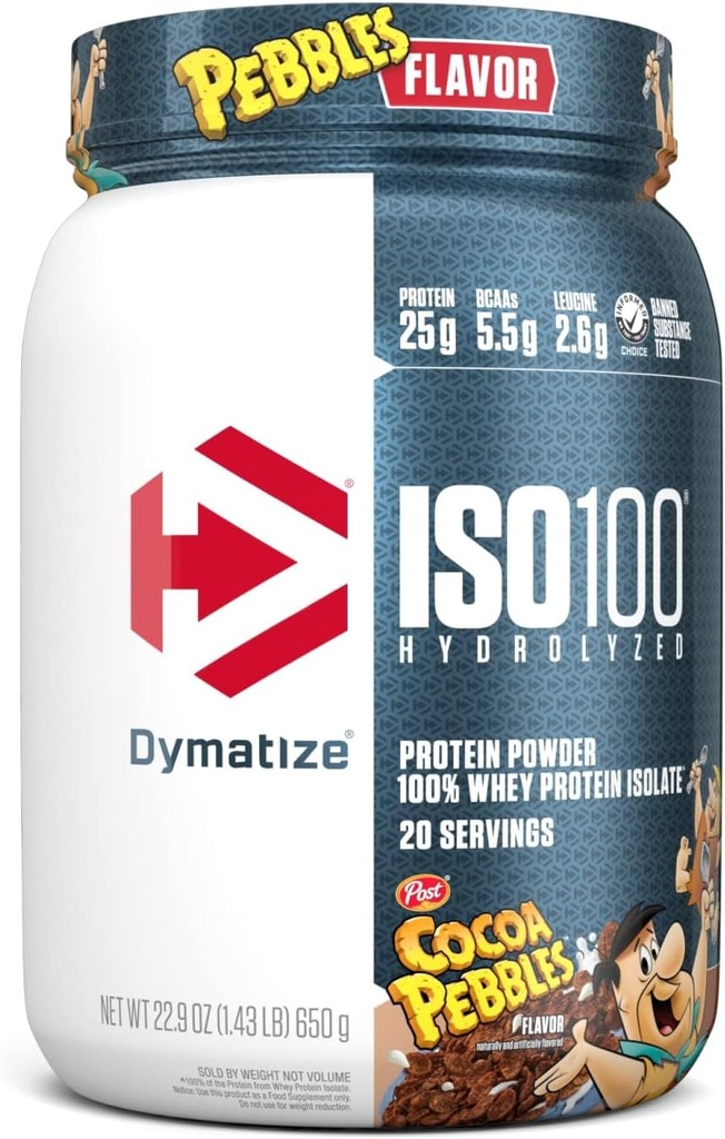Dymatize x Cocoa Pebbles ISO100 Whey Protein Powder Isolate, 25g of Protein, 20 Servings, 5.5g BCAAs, 120 Cal., Gluten Free, 1g Fat, 1g Sugar, 2g Carb