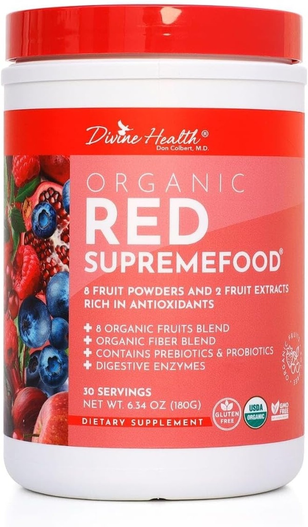 İlahi Sağlık Organik Kırmızı Yüksek Gıda® | 10 Organik Meyveler + Probiyotikler, Enzymes, Herbs, Fiber & Antioksis | Non-GMO Berry Flavored