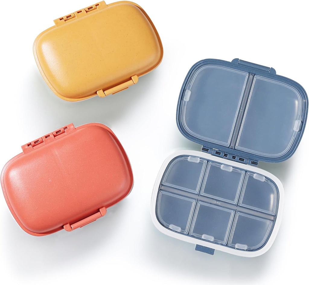 MEACOLIA 3 Pack 8 Karşılaştırmalı Seyahat Pill Organizer, Daily Pill Case Small Pill Box for Pocket Purse, Portable Pill Konteyner Tıp Vitamini Organizer (Red, Sarı, Dark Blue)