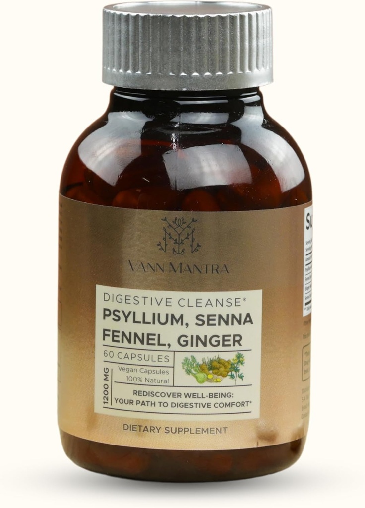 Digestive Cleanse κάψουλες - 1200mg Psyllium, Senna, μάραθο, εκχύλισμα τζίντζερ - 60 Count, Natural Digestive & Health Supplement, Gentle Bowel Movement Aid - Vegan Formula for Balanced Gut Health