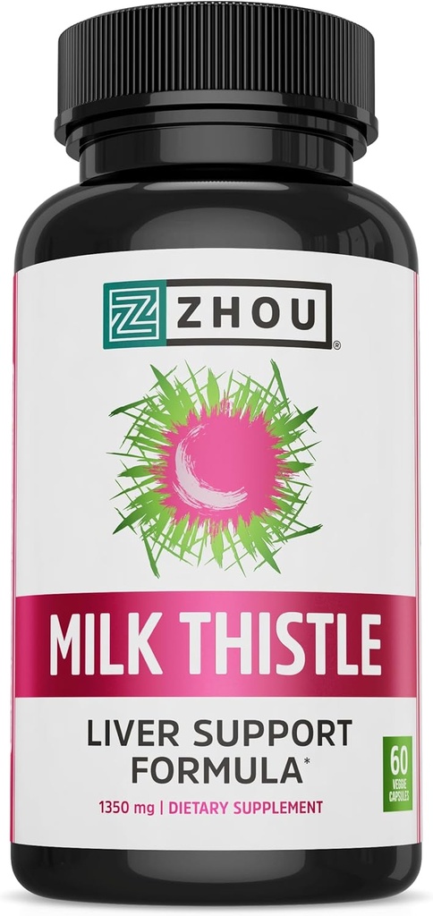 Zhou Milk Thistle - Συμπλήρωμα για την υγεία του ήπατος, Silymarin Milk Thistle Extract & Powder for Men & Women, Herbal Cleanse Support, Μεταβολική Υγεία - 60 κάψουλες χορτοφάγων