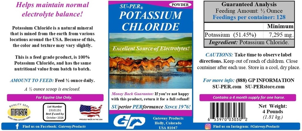 SU-PER Χλωριούχο κάλιο Συμπλήρωμα Horse Electrolyte - Βοηθά στη διατήρηση της φυσιολογικής ισορροπίας ηλεκτρολυτών - 4 Λίρες, (2 Pack)