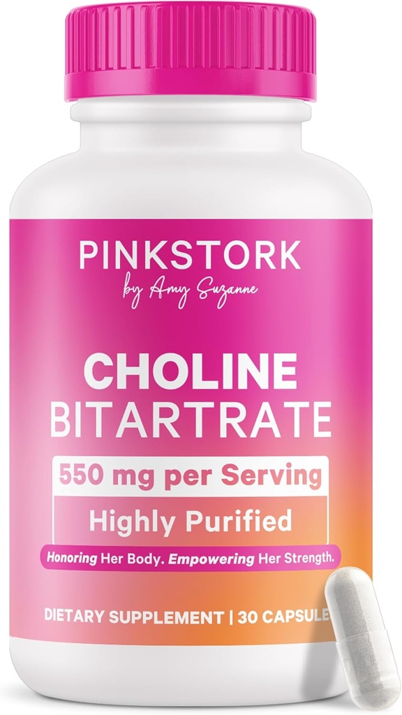 Pink Stork Choline – 550 mg Choline Bitartrate from VitaCholine for Hamile + Postpartum Moms - Prenatal Vitamin for Fetal Cognitive Health + Blood Quality - 1 Capsule Daily, 30 Count