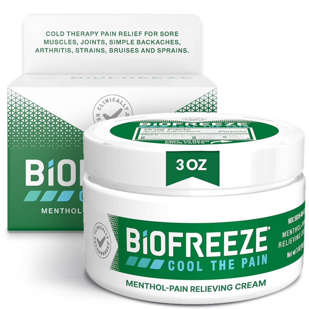 Biofreeze Pain Reliver Cream για γόνατο, λαιμό, Hip, Joint, ώμος, & Απλή πλάτη, Αρθρίτιδα πόνο Reliever, έλκος ανακούφιση μυών, ψύξη Menthol κρέμα πόνου, 3 Oz