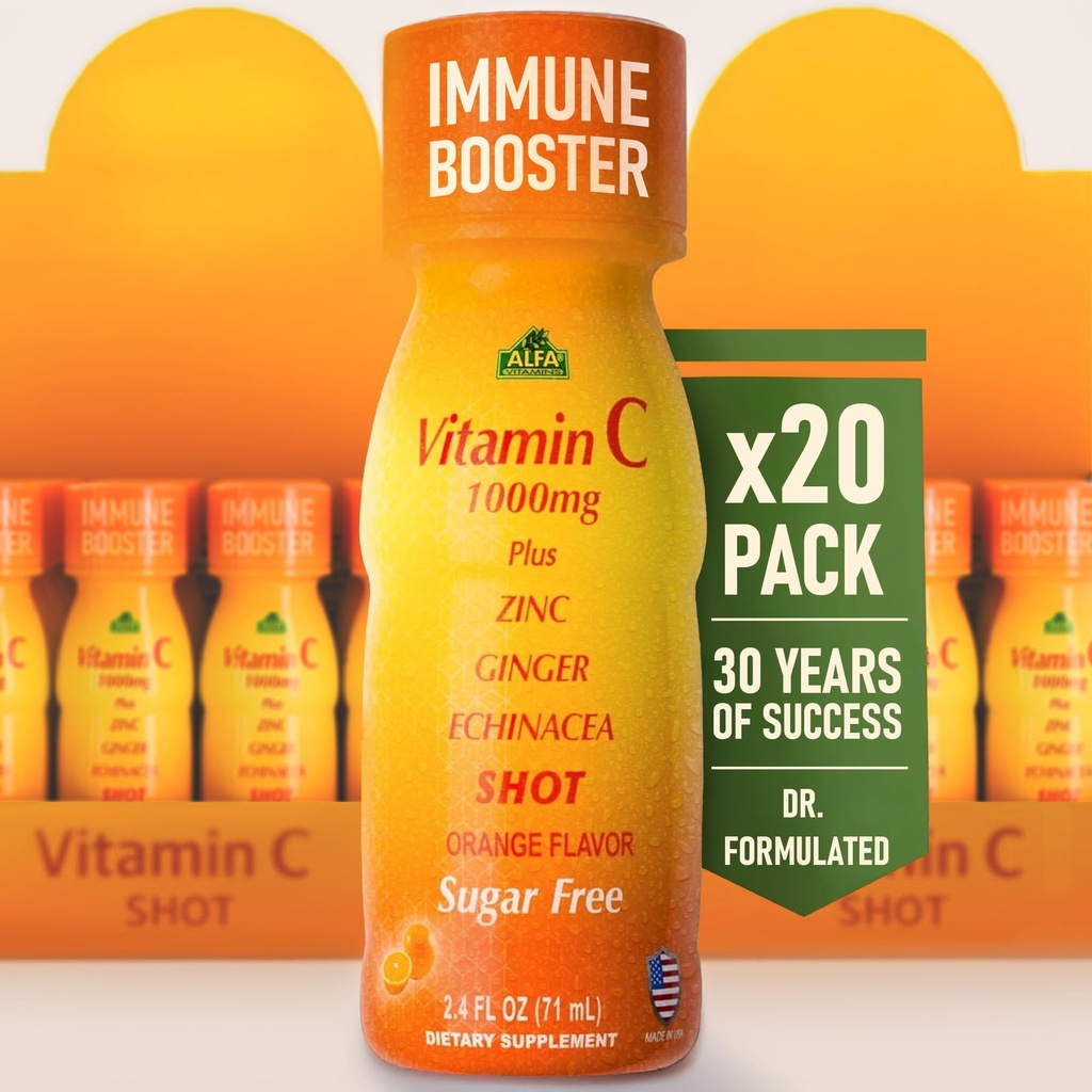C Shot 1000MG - çinko, Ginger ve Echinacea ile Immunity Alert - Ortak Soğuk Savaş - Orange Flavor - 2.4 FL Oz Şişe - 20 Pack