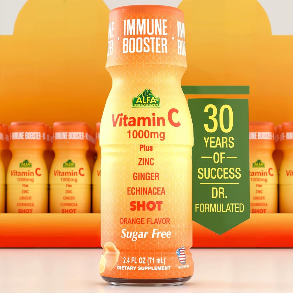C Shot 1000MG - çinko, Ginger ve Echinacea ile Immunity Alert - Ortak Soğuk Savaş - Orange Flavor - 2.4 FL Oz Şişe - 20 Pack