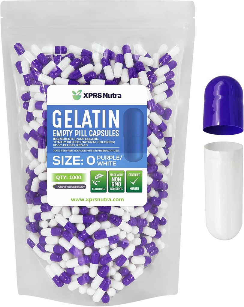 XPRS Nutra Boyutu 0 Boş Kapsüller - 1000 Kont Boş Gelatin Capsules - Pills DIY Capsule - Pure Bovine Pill Gel Caps For Do-It- Yourself Supplements (Purple/White)
