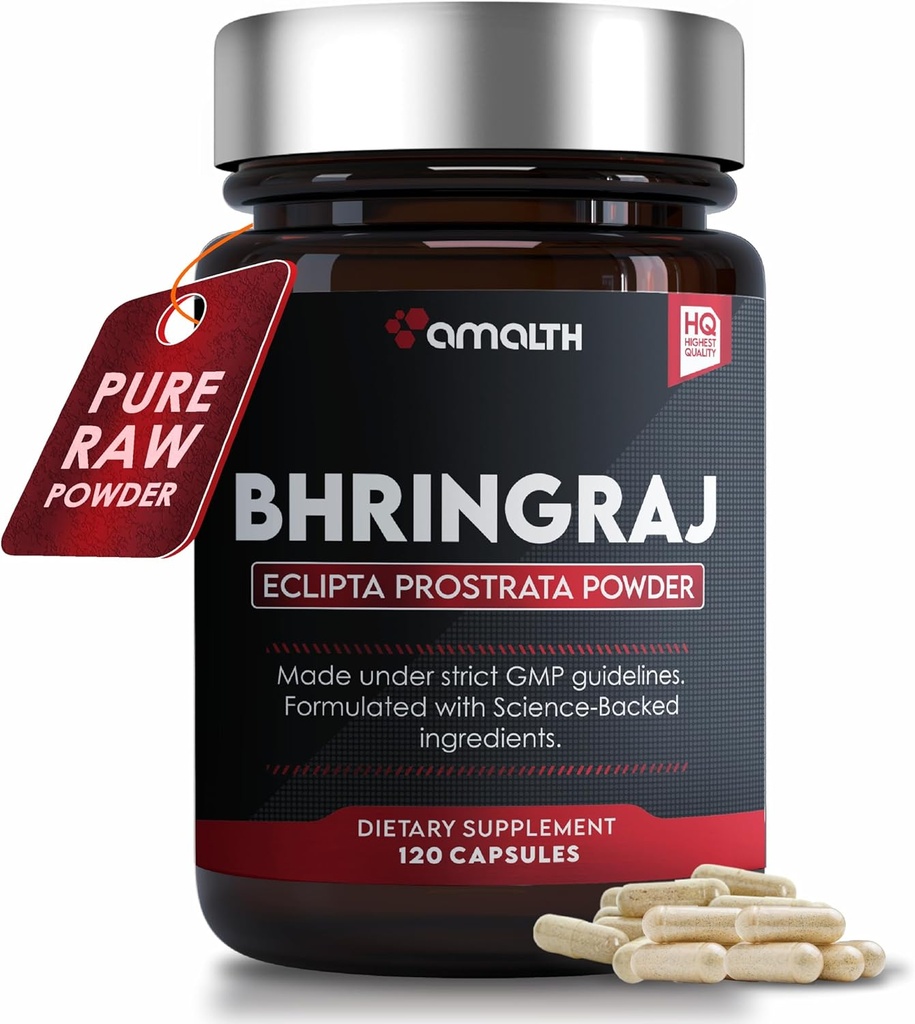 Amalth Organic Bhringraj Capsules 1500mg (False Daisy, Eclipta alba, 120 Veg Caps, Plant-Based Supplement, Ayurvedic Hair Herb Powder for Natural Healthy Hair, All Natural, Vegan)