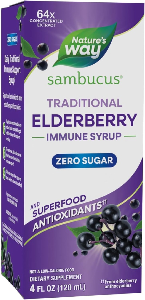 Nature’s Way Sambucus Zero Sugar Traditional Immune Syrup, Εξαιρετικά συμπυκνωμένο Black Elderberry Extract, Traditional Immune Support*, με Superfood Antioxidants(1), 4 Fl Oz (Packaging May Vary)