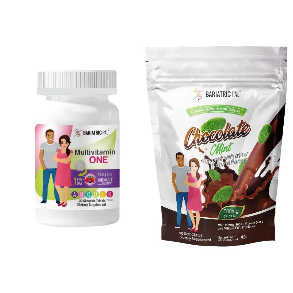 BariatricPal 30-Day Bariatric Vitamin Bundle (Πολυβιταμίνη 1 ανά ημέρα! Μασώμενα με 45mg σίδηρο - μικτό μούρο και κιτρικό ασβέστιο μαλακά μάσημα 500mg με προβιοτικά - μέντα σοκολάτας)