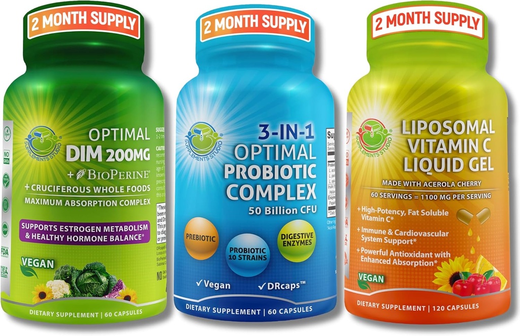 Hormonal, Digestive & Immune Support Sche - DIM 200 mg with BioPerine® & Cruciferous Whole Foods + Vegan 3in-1 Probiyotik 50 Milyar CFU + Liposomal Vitamin C 1100 mg with Acerola Cherry - No Fillers