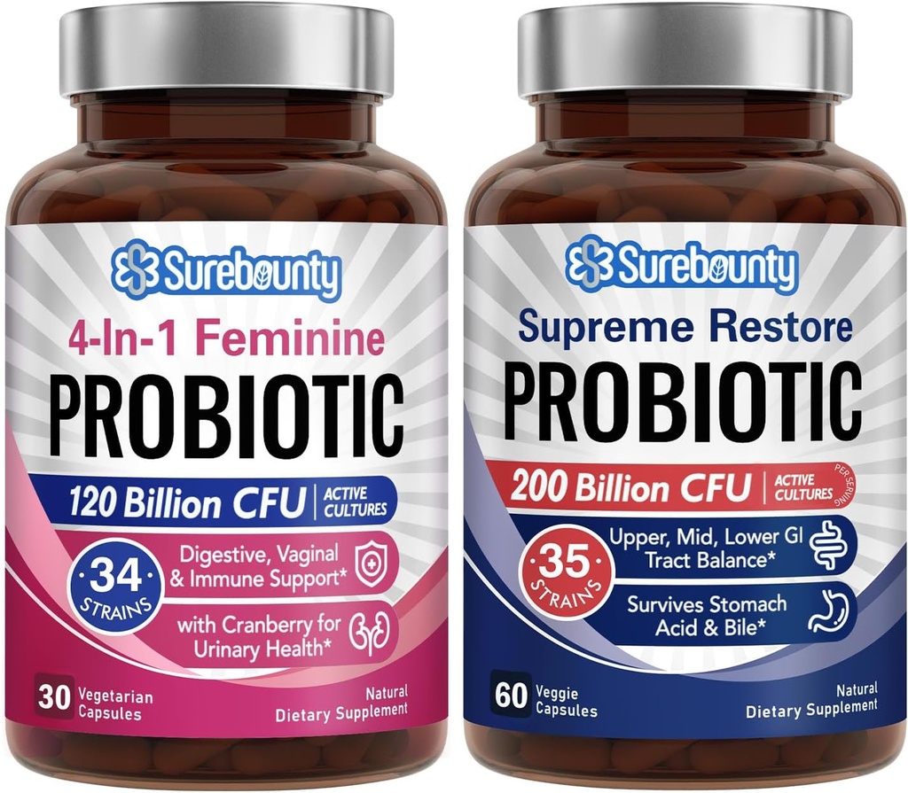Probiotic Bundle, 4-σε-1 Feminine Probiotic (30ct) & Supreme Restore Probiotic (60ct), 2 συσκευασίες, Cranberry Κολπική Υποστήριξη, GI Ελκυστική Ισορροπία, Vegan, Μη-Dairy