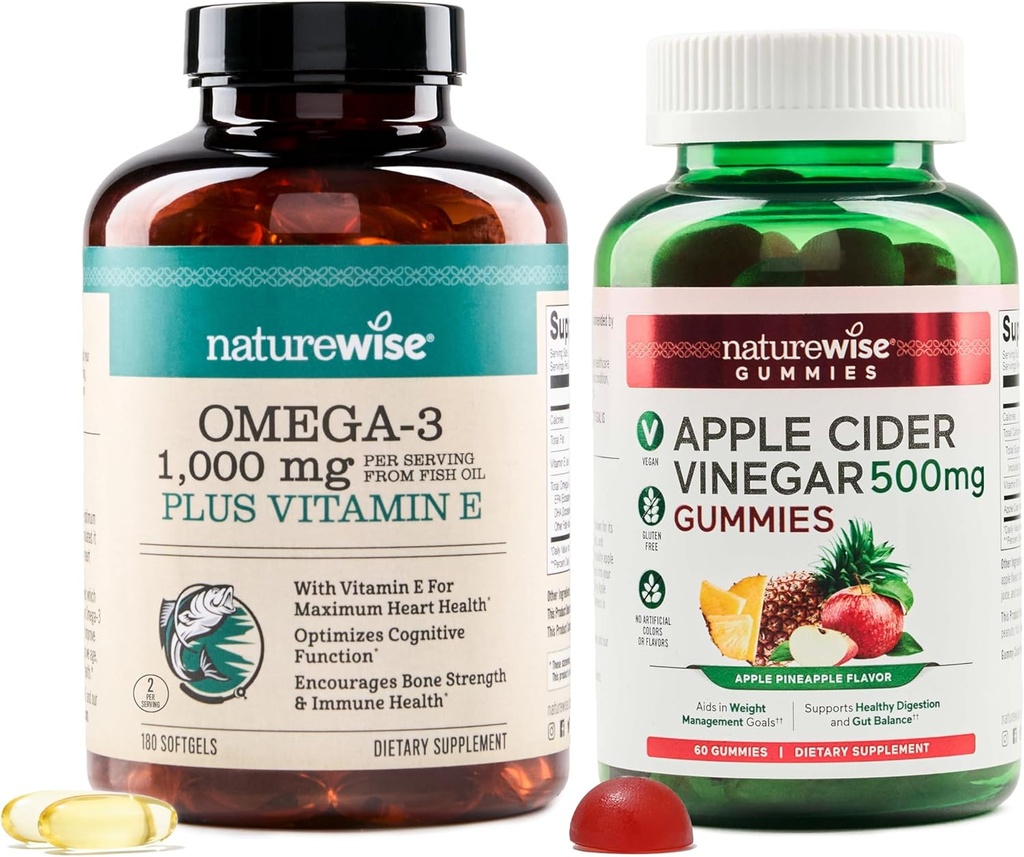 NatureWise Omega-3 Fish Oil 1000mg with E 180-Count+ Apple Cider Vinegar Gummies 500 mg with B12, 60-Count (Vegan Gummy) - Sche for Heart, Eye, Digestive Health - Gluten Free, Soy-Free, Non-GMO