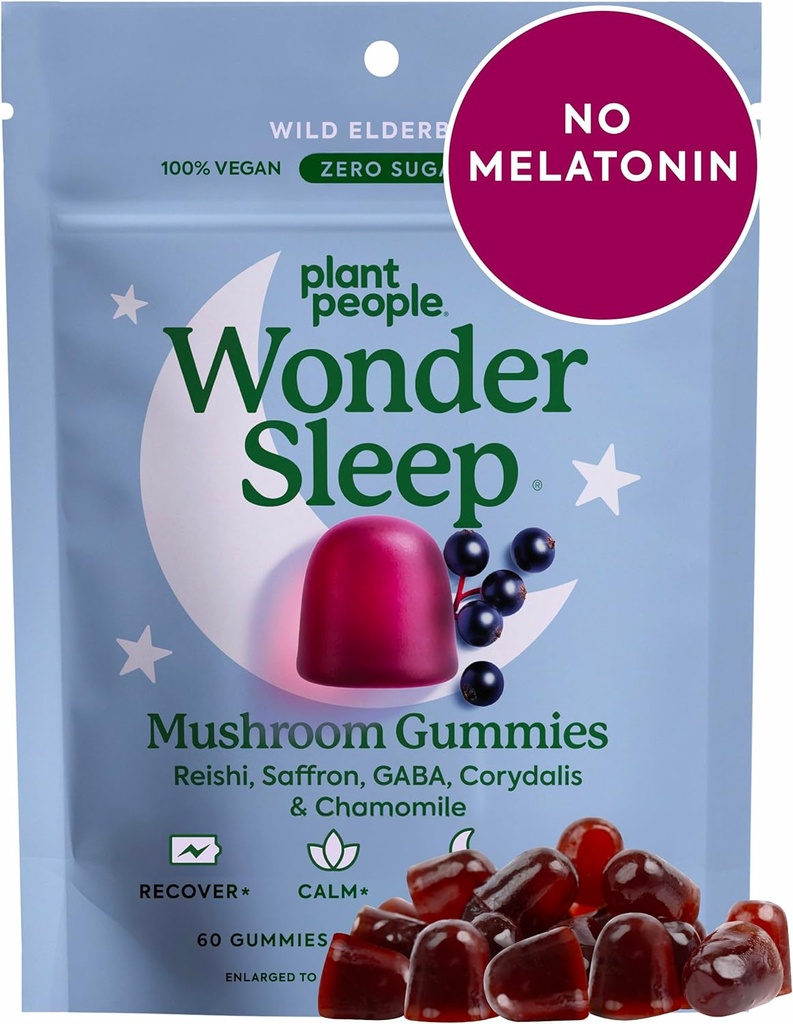 Plant People WonderSleep Mushroom Gummies Supplement for Sleep, No Melatonin with Reishi Super Mushrooms, Wild Elderberry Flavor, Sugar-Free (60 Count)