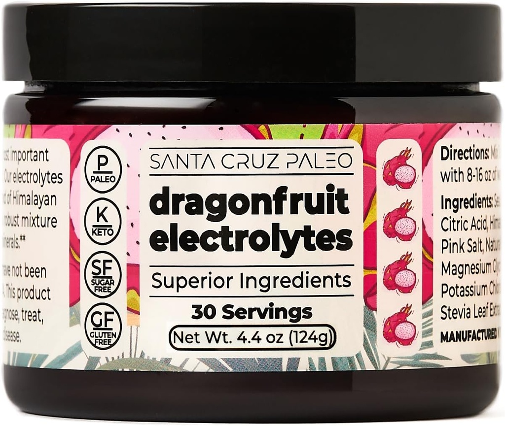 Santa Cruz Paleo Electrolyte Powder, Dragon Fruit Flavor, Sugar Free Hydration Drink Mix με Him Αλάτι Ιμαλαΐων, θαλασσινό αλάτι, Μαγνήσιο Γλυκινικό, Χλωριούχο κάλιο, Γλυκασμένα με Stevia, 30 Μερίδες