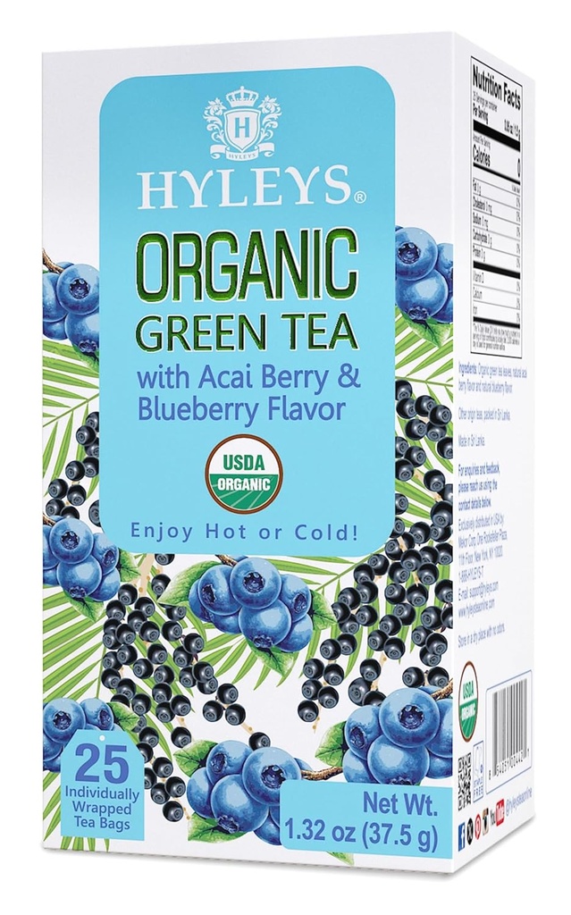 Hyleys Organik Yeşil Çay Acai Berry ve Blueberry Flavor - 25 Çay Çantası - (6 Pack - 150 Tea Bag Total)