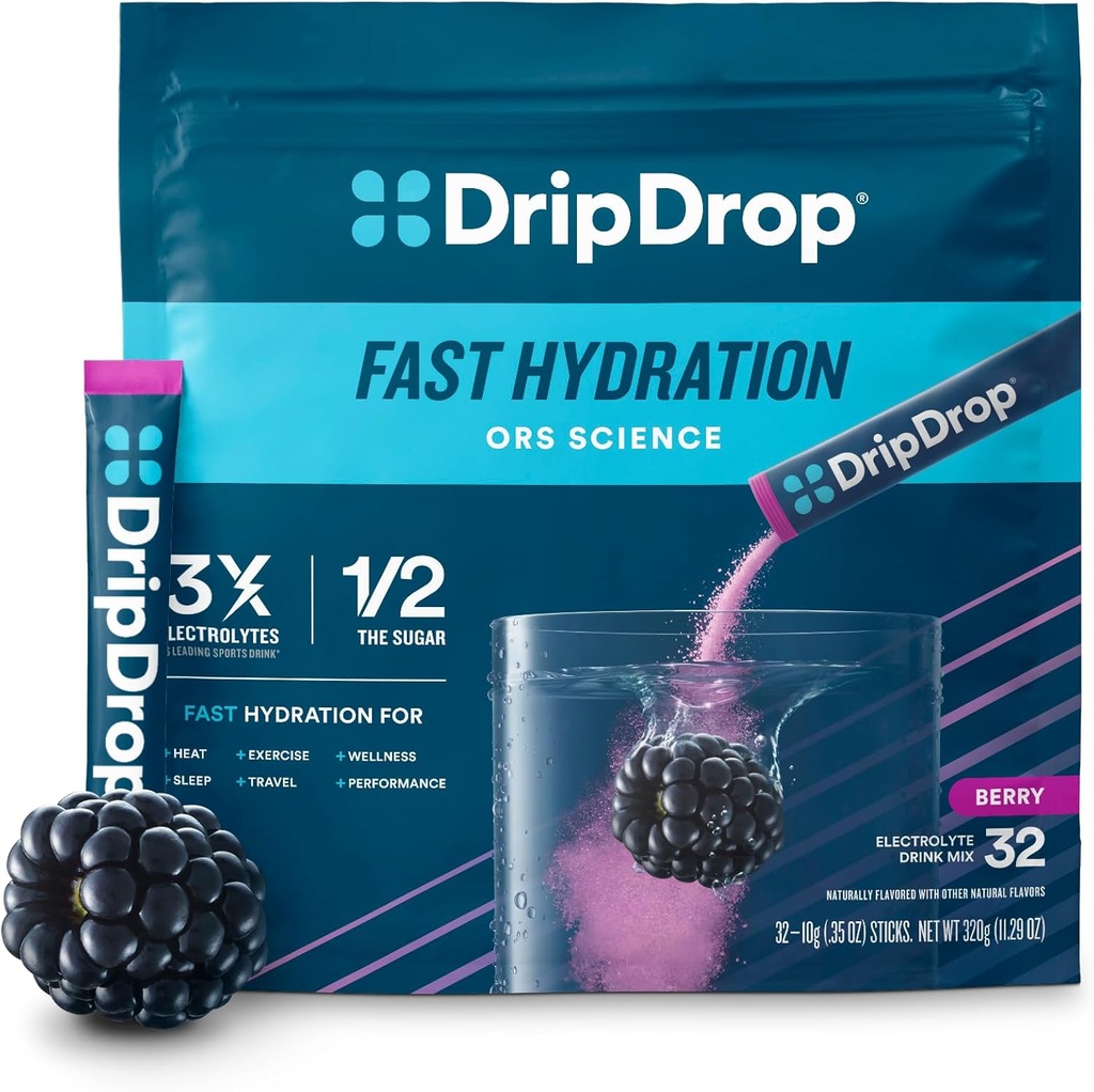 DripDrop Hydration Packets - Berry - Μονό σερβίρετε ηλεκτρολύτες σε σκόνη μείγμα ποτών - Μη ΓΤΟ, Χωρίς γλουτένη, Vegan - 32 Sticks