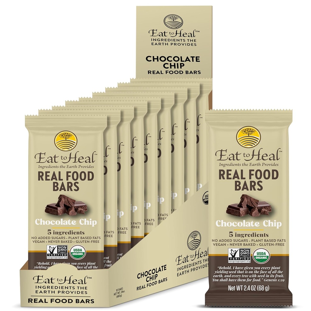 YemeToHeal Chocolate Chip Real Food Bar - Organik Vegan Sağlıklı Gluten Ücretsiz Protein Barlar - Low Sugar Meal Change Bar, Non GMO, Never Baked, Plant Based - Crafted to Enjoy, Not Sit on Shelves