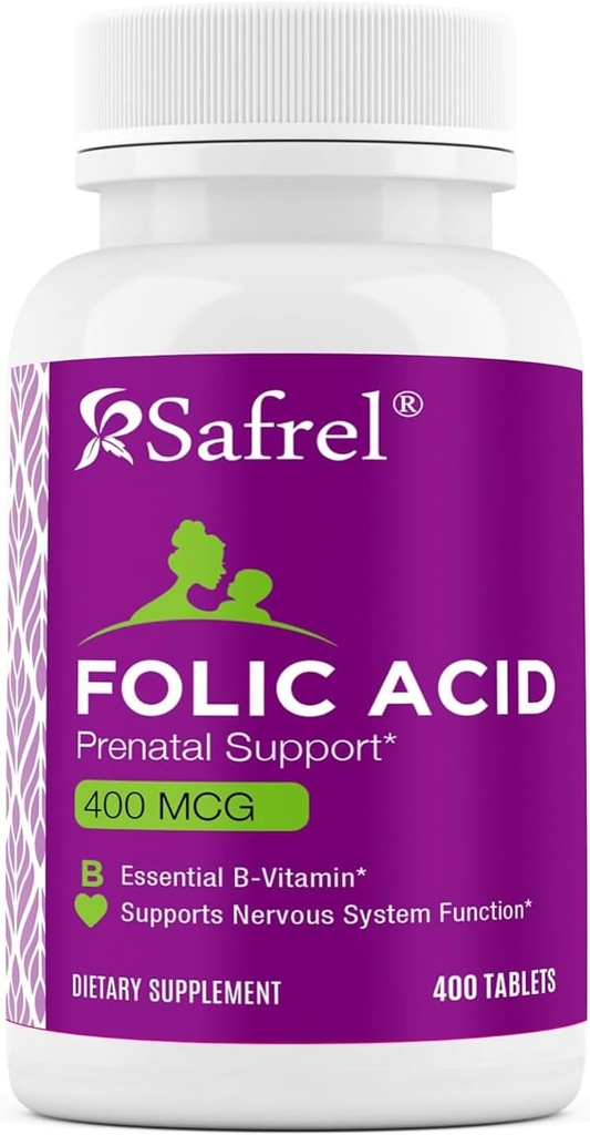 Safrel Folic Asit 400 mcg - Vitamin B9-400 Tabletler, Fetal Development, Red Blood Hücre Üretimi, Hücre ve Neural Development | Non-GMO, Vegan