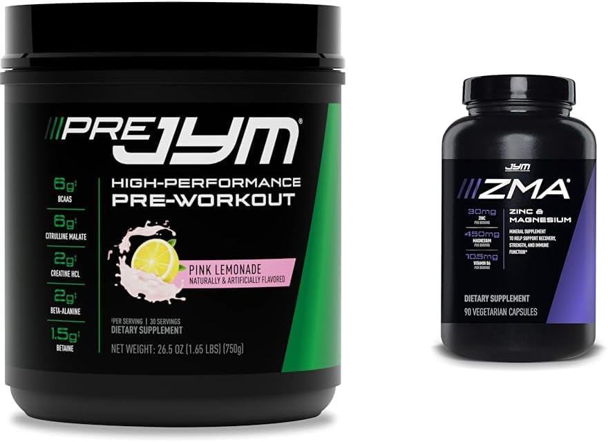PRE JYM 30 Pink Lemonade & JYM ZMA çinko/Magnesium Capsules Supplement 90 Vegetarian Capsules