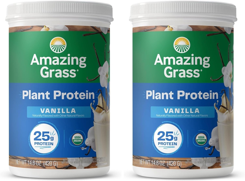 Εκπληκτικό χόρτο Vegan Protein Powder, Plant Based Organic Blend with 25g Πρωτεΐνης, Γαλακτοκομικών, Γλουτένης & Χωρίς Σόγια - Κρέμα βανίλιας (10 Σερβίρει) (Pack of 2)