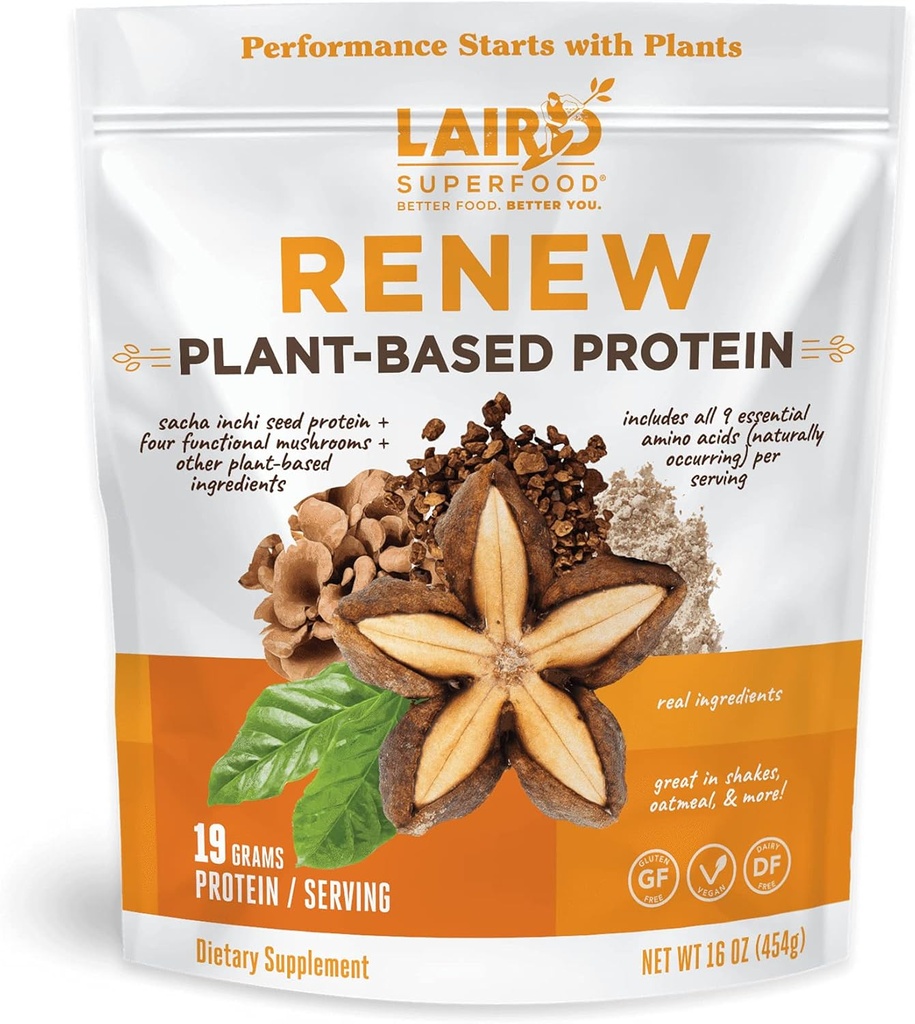 Laird Superfood Renew Plant-Based Protein Powder, 19 Grams Protein, Vegan with Sasha Inchi Seed Protein, Τέσσερα Λειτουργικά Μανιτάρια, Συντηρητικά Χωρίς Γλουτένη, Χωρίς Γαλακτοκομικά, 16 oz. Τσάντα