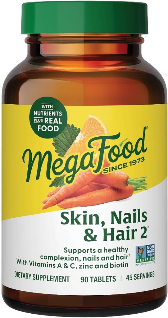MegaFood Skin, Nails & Hair 2 - Βιταμίνες για γυναίκες & άνδρες - Βιοτίνη, Βιταμίνη Α, Βιταμίνη C, Ψευδάργυρος, Βιταμίνη Β6, Βιταμίνη Ε, Παντοθενικό οξύ - Vegan - Made Without 9 Food αλλεργιογόνα - 90 Tabs (45 Servings)