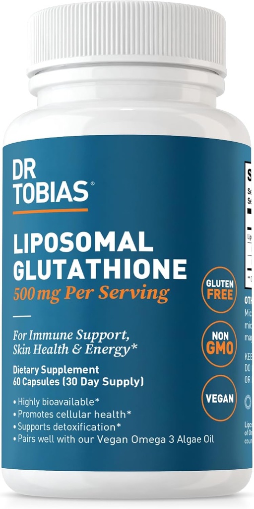 Dr. Tobias Liposomal Glutathione, 500 mg EN Highly Bio available Glutathione Supplement, Supports Energy, Skin & Immune Health - Vegan, Gluten-Free, Non-GMO, 60 Capsules, 30 Hizmet