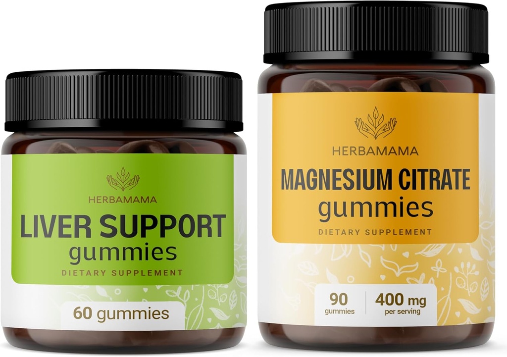 HERBAMAMA Liver Support Complex and Kit - Liver Support Herbal Kompleksi & 400 mg Magnezyum Citrate Gummies - Vegan, Non-GMO, Gelatin-Free - 2 Pack