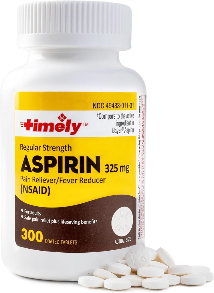 TIME-CAP LABS, INC. Timely 300 Count Regular Strength Aspirin 325mg for Adults - Compared to Bayer - Coated Regular Strength Aspirin Tablets - Pain Reliever for Minor Aches and Pains - Made in USA