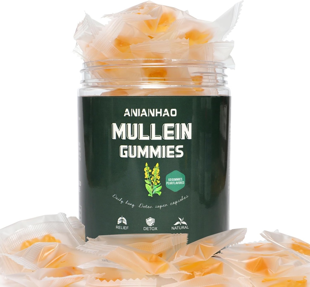 Mullein Gummies - Mullein Leaf Extract for Lungs - 2000mg Mullein - Lung Cleanse Supplement - Εναλλακτική για Mullein Drops, Capsules - Mucus Remover & Mucus Relief (1Bottle)