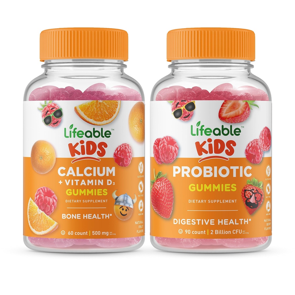 Lifeable Calcium with Vitamin D Kids + Probiotic 2 Billion CFU Kids, Gummies Bundle - Great Tasting, Vitamin Supplement, Gluten Free, GMO Free, Chewable Gummy