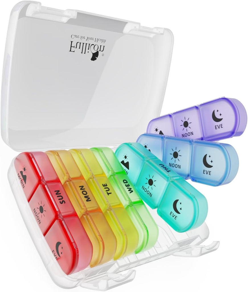 Fullicon Weekly Pill Organizer, Pill Organizer 3 Times A Day for Travel, Spill Support Pillrecr for Medicine, Vitamin, Fish Oil ve Supplement (Clear Rainbow)