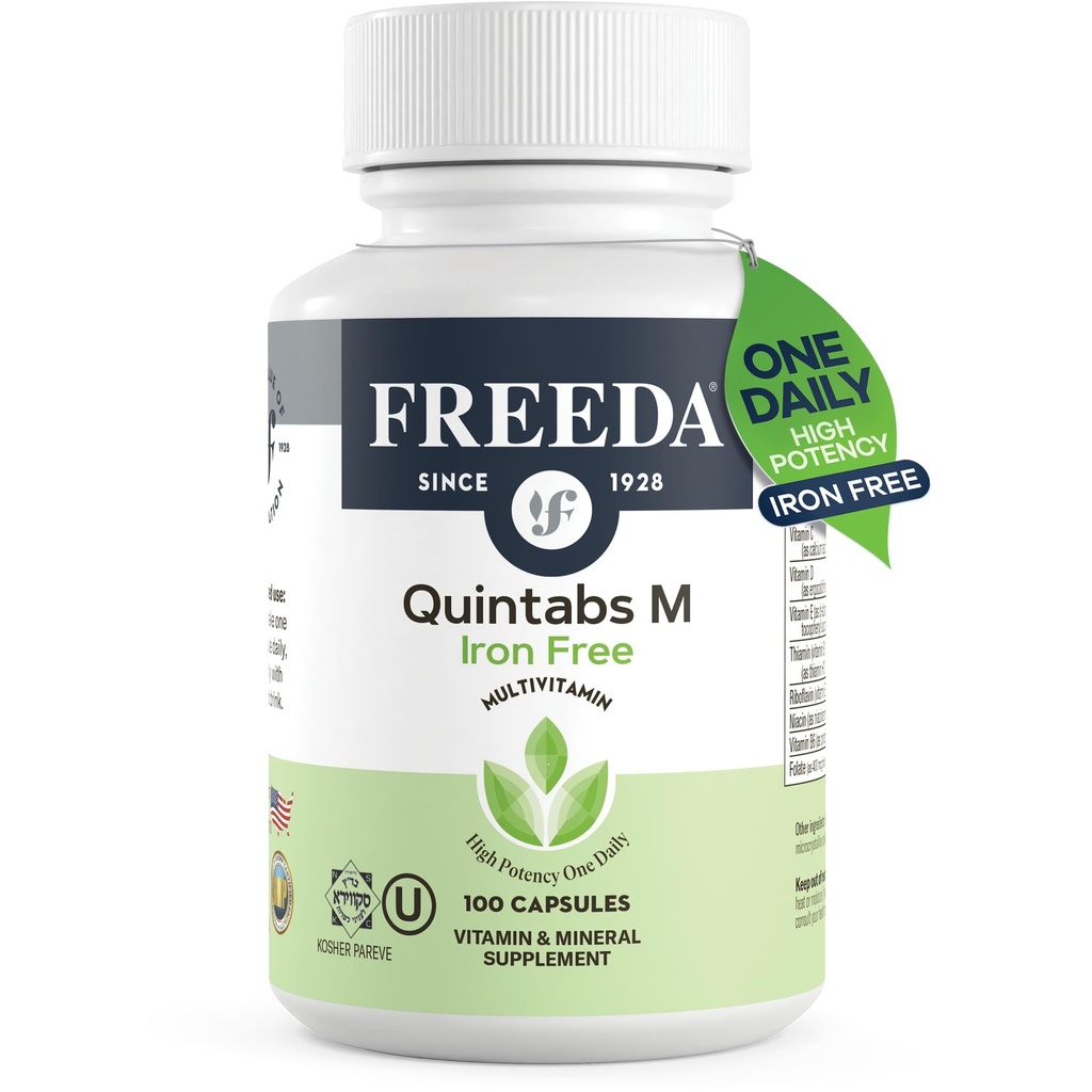 FREEDA One Daily Multivitamin Without Iron – Quintabs-M Iron-Free – Kosher, Balanced Multivitamin Supplements for Yetişkinler, Men & Women's Health Complete Multivitamins (100 Capsules)