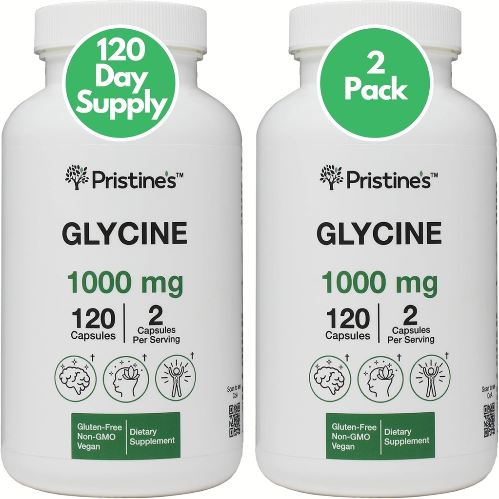 PRISTINE'S Glycine (2 Pack) 1000MG Amino Asit Sleep Support Capsules - 120 Day Supply - Muscle Recovery, Collagen & Kidney Support Supplement - Vegan, GMO, Gluten Free