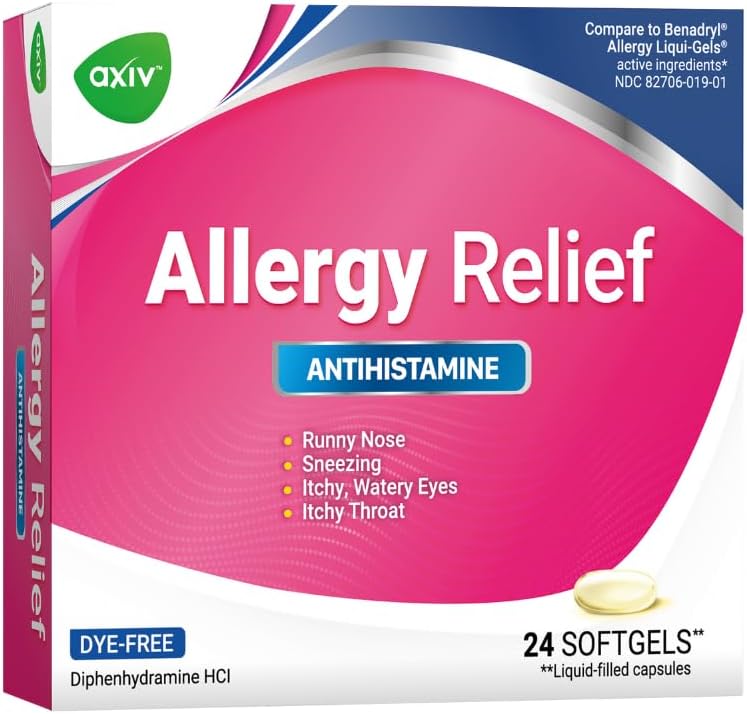 AXIV Αλλεργία ανακούφιση Softgels, Αντιισταμινική Ιατρική & Ψυχρό Συμπτώματα ανακούφιση, Dye-free υγρά τζελ, 25 mg διφαινυδραμίνη HCl, Runny μύτη, φτάρνισμα, 24 κόμης (24 Softgels)
