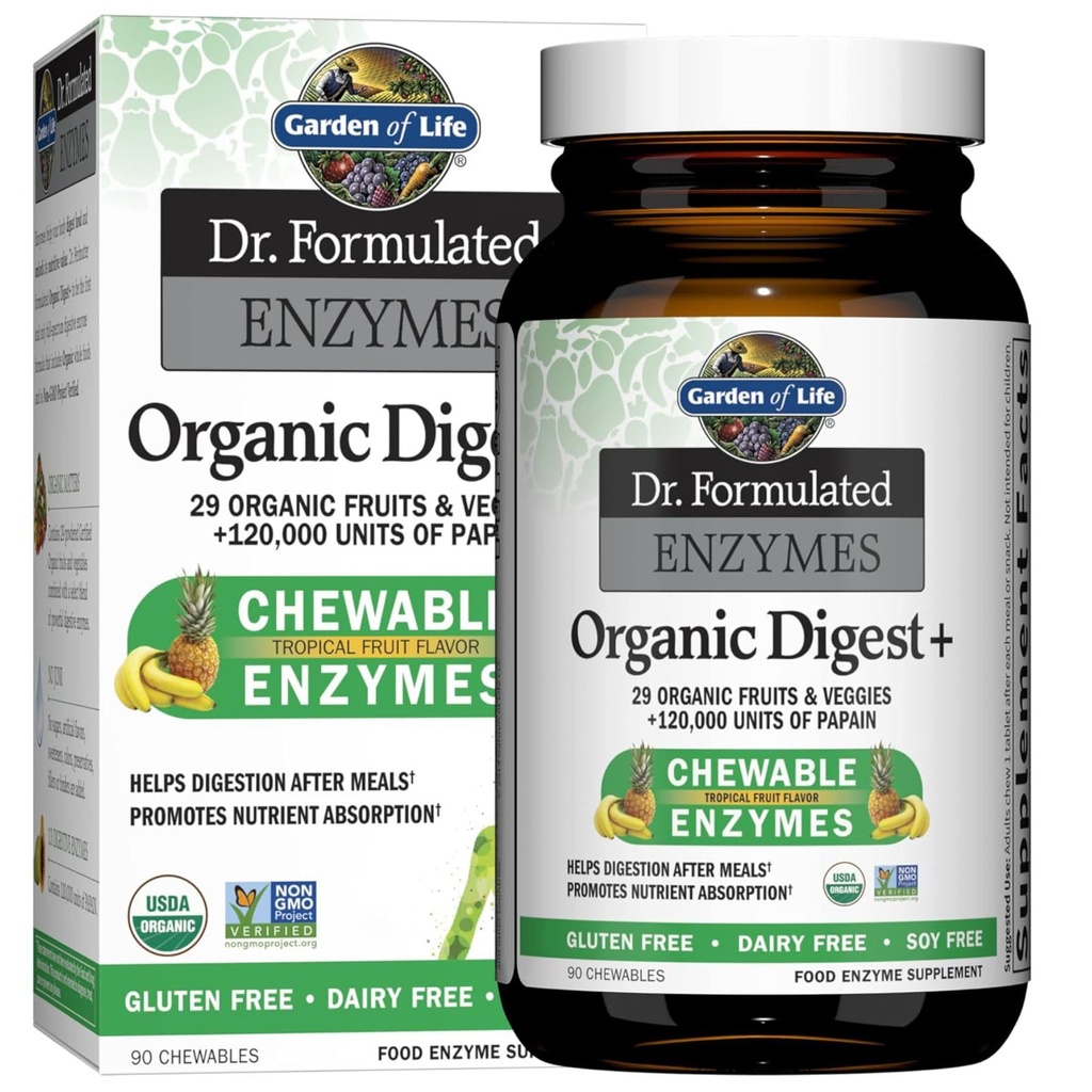 Κήπος της ζωής Digestive Ένζυμα με Papain, Bromelain και Lipase για θρεπτική απορρόφηση και υποστήριξη πέψης, τροπική γεύση φρούτων, συμπλήρωμα διατροφής, πιστοποιημένο Vegan, 90 Μασώμενα