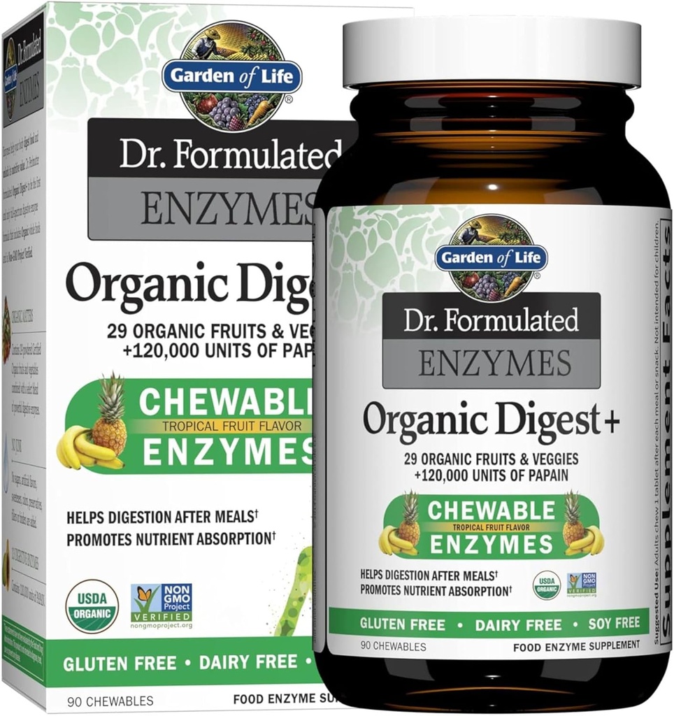Life Dr Formulaed Digestive Enzymes with Papain, Bromelain, Lipase for Digestion & Nutrient Abxia – Organik Digest+ - Vegan, Gluten-Free, Non-GMO, Tropikal Meyve Flavor, 90 Chewables