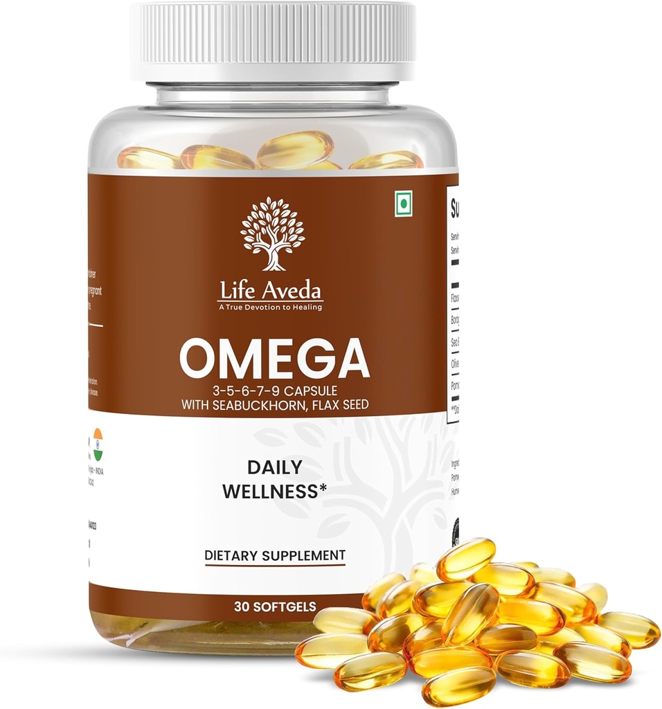 Life Aveda Omega-6 3-5-7-9 Capsules for Men & Women with Seabuckhorn and Flax Tohum, Supports Heart, Saç, Skin & Ortak Sağlık ve Doğal Beslenme - 30 Softgel Capsules (1 Ay Supply)