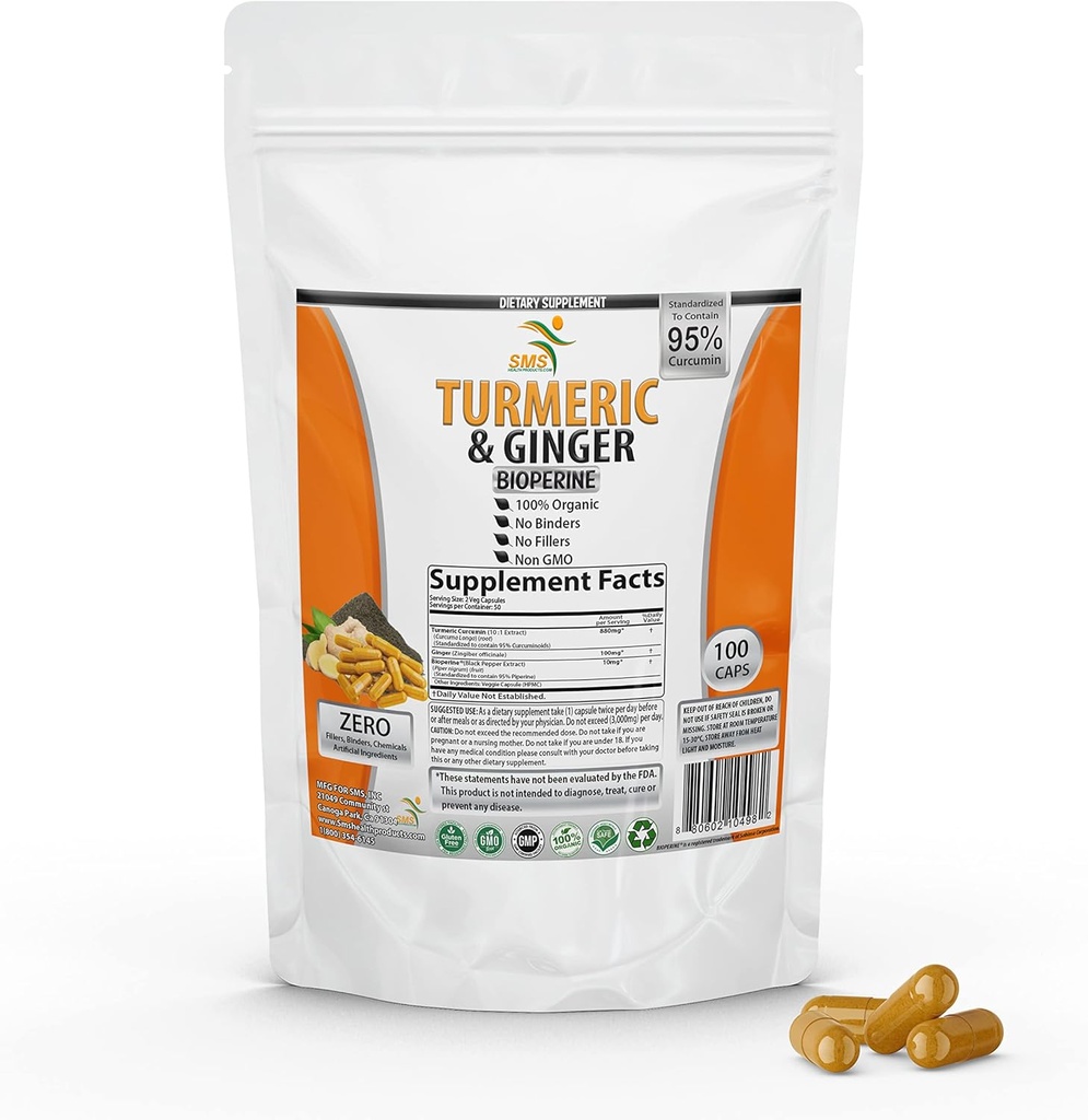 Turmeric Curcumin with Ginger, BioPerine Black Pepper,% 95 Curcuminoids,% 95 Standardized Curcuminoids & Bioperine for Potency & Abxia, Tumeric Supplement, USA - 100 Veggie Capsules