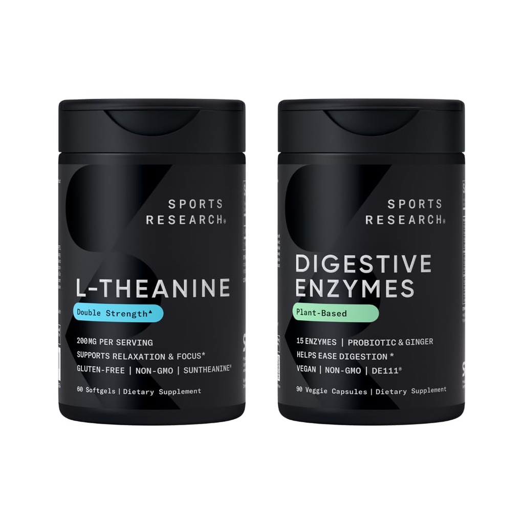 Spor Araştırması Double Strength L-Theanine Supplement Suntheanine Softgels for Focus, Relaxation & Alertness with Coconut Oil 60 Count and Digestive Enzymes + Probiyotiks & Ginger Plant Based 90 Count