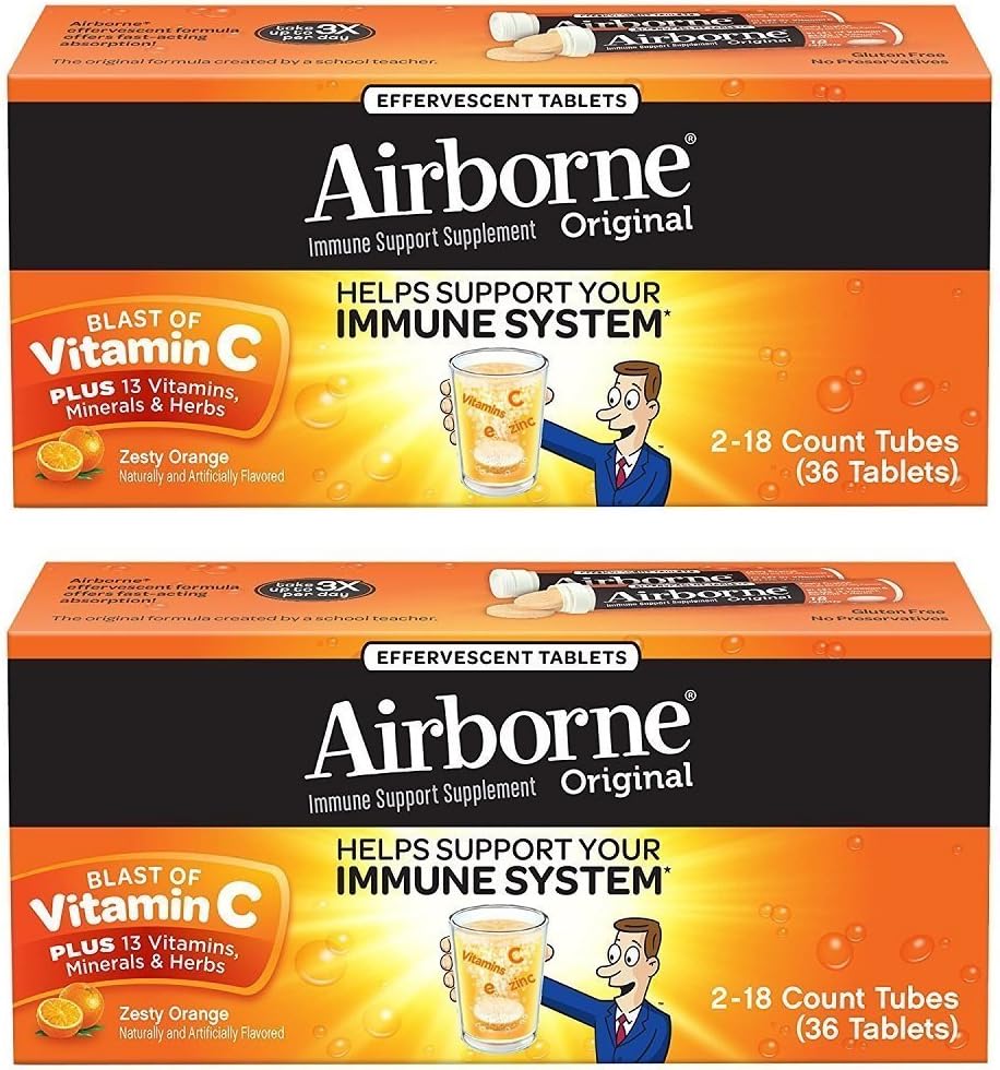 Airborne Zesty Orange Effervescent Tabletleri C 1000 mg x 36 Counts (2 Pack)