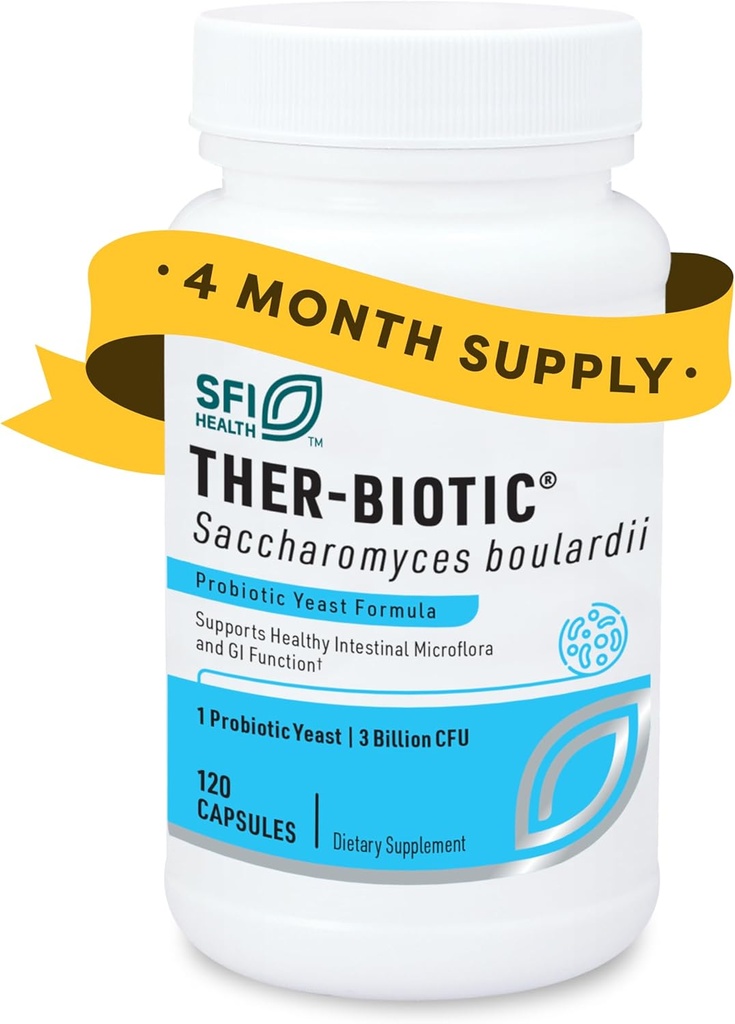 Klaire Labs SFI Health Saccharomyces Boulardii Probiotic - Acid Resistant & Ruffel-Stable Supplement to support Healthy Yeast Balance, Immune & Digestive Health - Hypoallergenic, Dairy-Free (120ct)