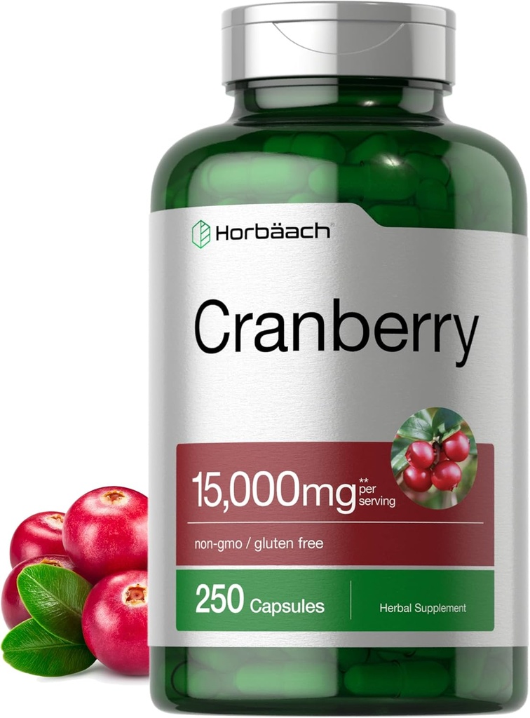 Horbäach Cranberry Pills + Vitamin C | 15,000 mg | 250 Capsules | Non-GMO ve Gluten Free Supplement from Temp Ekstraksiyon