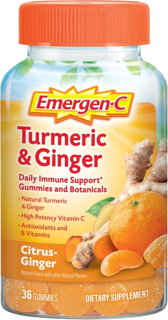 Emergen-C Citrus-Ginger Gummies, Turmeric ve Ginger, Immune Support Natural Flavors With High Potency C, Back to School Essentials - 36 Count